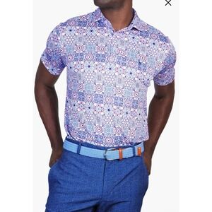 TailorByrd Polo Shirt Mens XL Blue Red Medallion Print‎ Moisture Wicking Golf